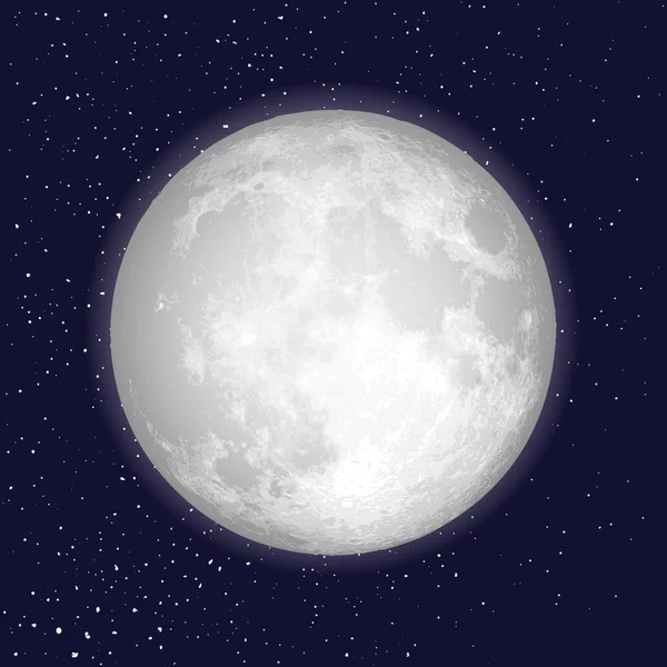Realistyczny Księżyc w pełni na białym tle. Błyszczący na ciemny niebieski space zadumany — Wektor stockowy