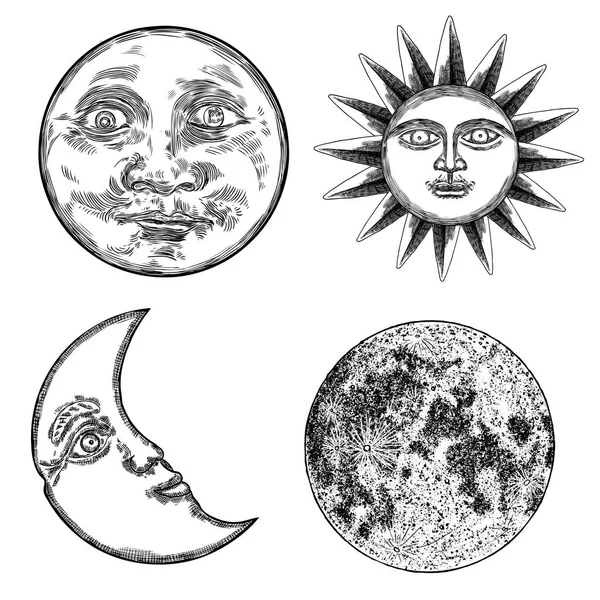 Conjunto de estilo de luna llena realista y cara humana como media luna, s — Archivo Imágenes Vectoriales