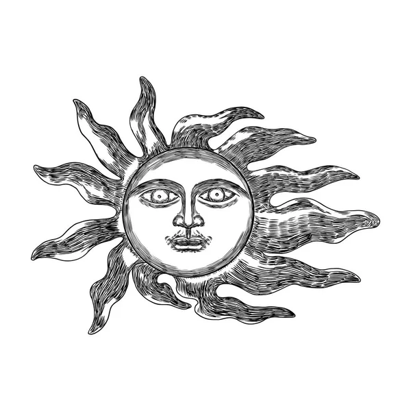 Hand drawn antique style sun with face of the human like. Anthro — Stock Vector