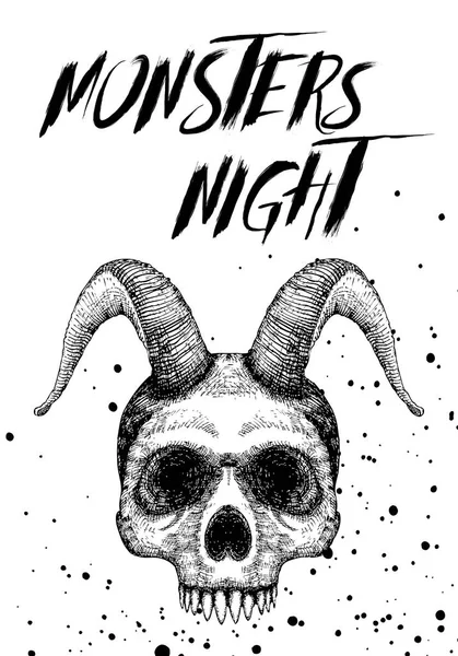 Tarjeta negra de Halloween con cráneo de demonio. Volante dibujado a mano — Archivo Imágenes Vectoriales