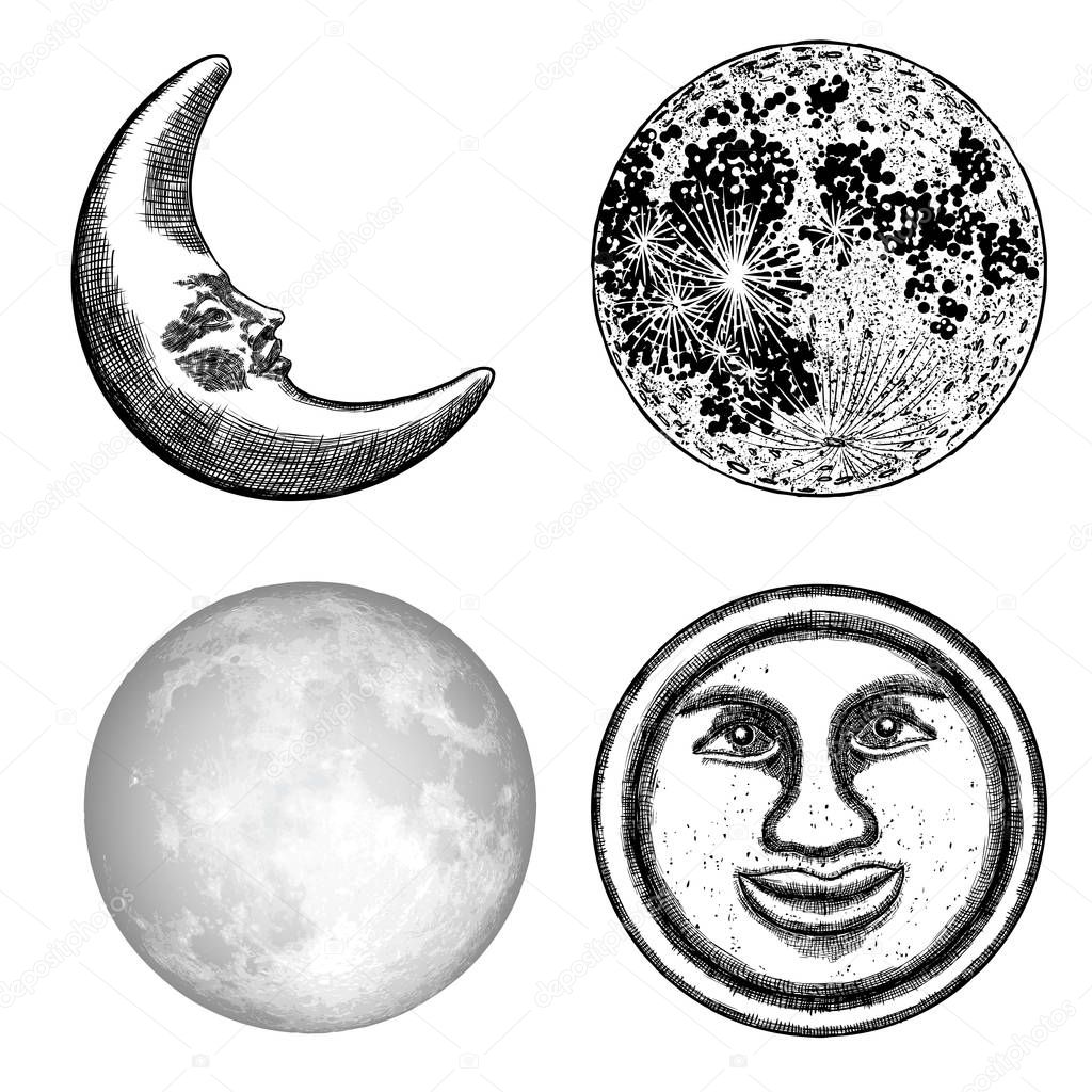 Set of hand drawn sketch of moon human like face or anthropomorp