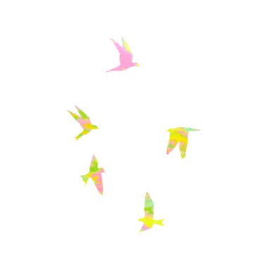 Beyaz arka planda uçan kuşların suluboya silueti. Insp