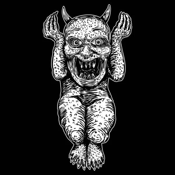 Demon, mens als monster schepsel chimera met fangs hoorns, en — Stockvector