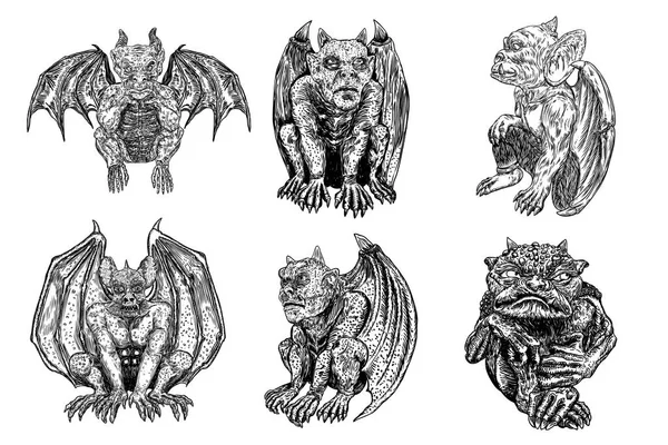 Uppsättning av mytologiska antika gargoyle varelser, mänskliga och dragon — Stock vektor