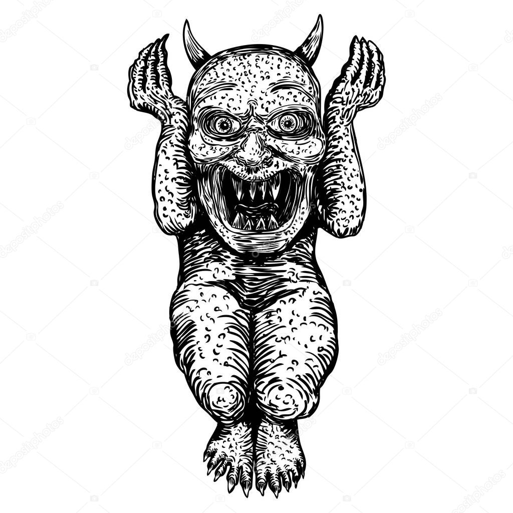 Demon, human like monster creature chimera with fangs horns, and