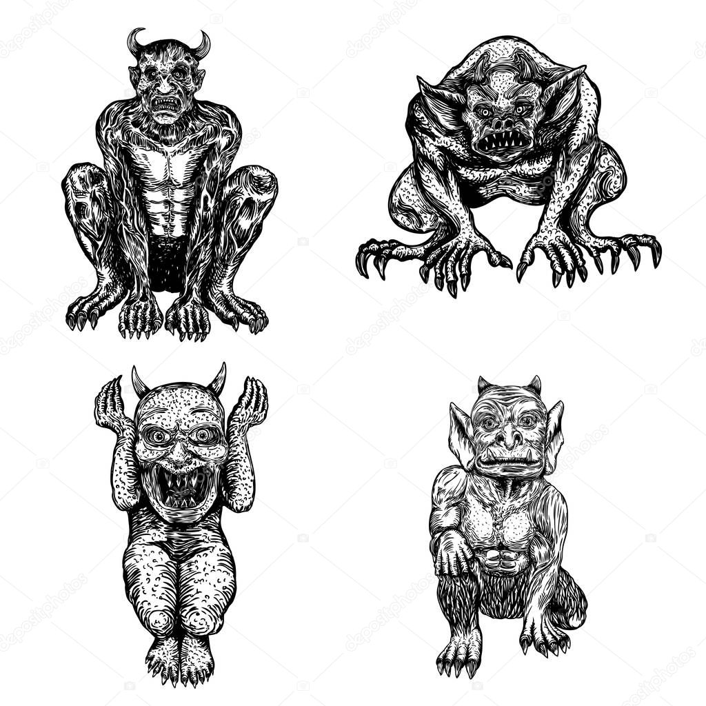 Set of demons, human like monsters creatures chimera with fangs 