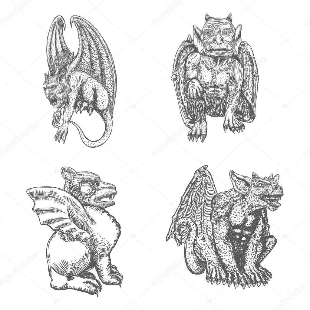 Set of mythological ancient creatures animals with bat like wing