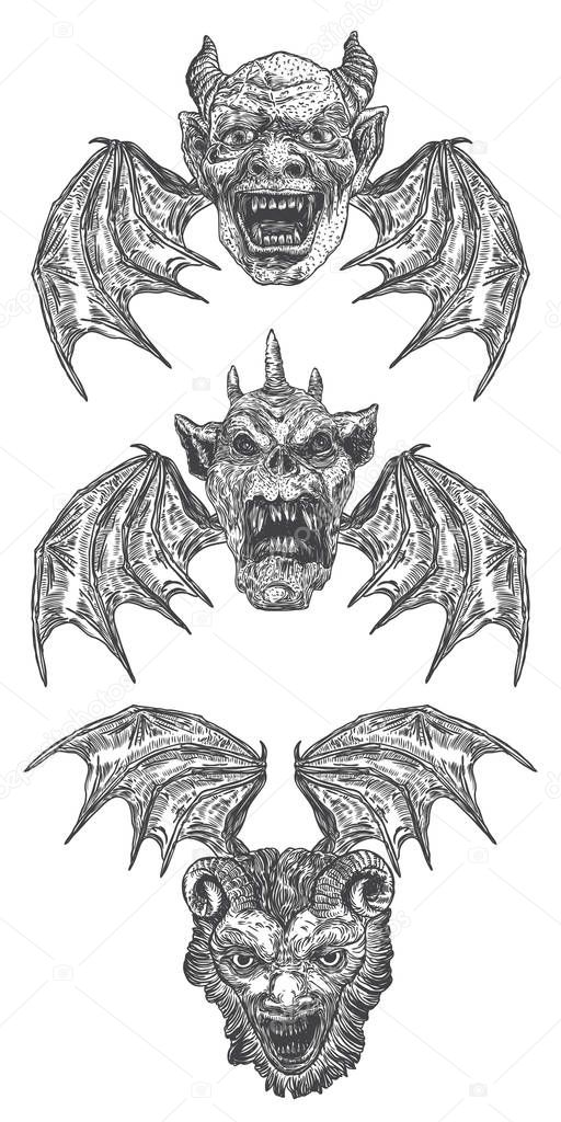 Set of devil heads with big demon horns or antlers and sharp fan