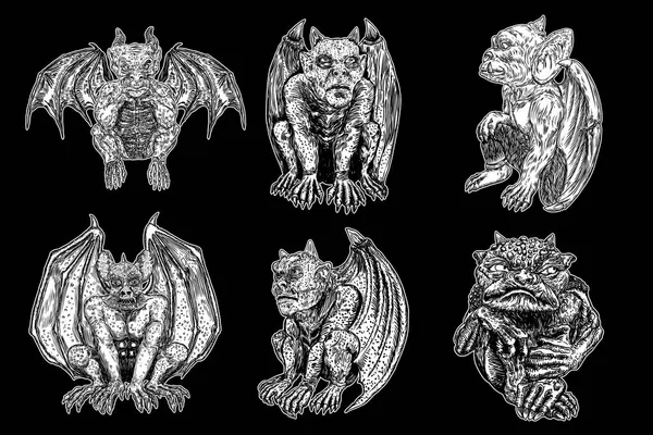 Conjunto de criaturas mitológicas antiguas animales con alas de murciélago — Vector de stock
