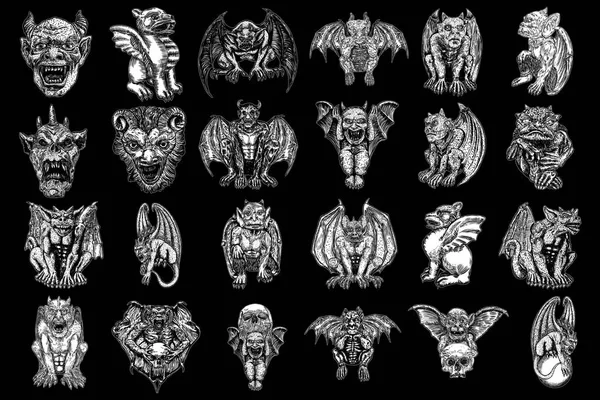 Conjunto de criaturas mitológicas antigas animais com morcego como asa — Vetor de Stock