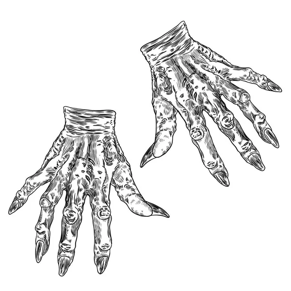 Mãos assustadoras de monstros zombies, desenhadas à mão. Isolado em branco backgr — Vetor de Stock
