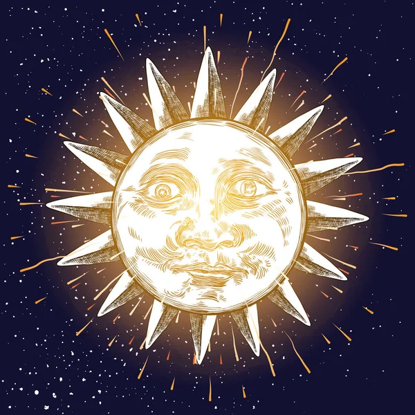 Auringonnousu kaiverrus kuva. Vintage kaiverrettu aurinko kasvot o — vektorikuva