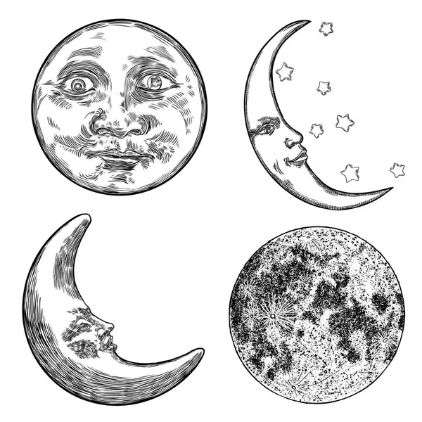 Conjunto de boceto dibujado a mano de la luna humana como cara o antropomorpo — Vector de stock