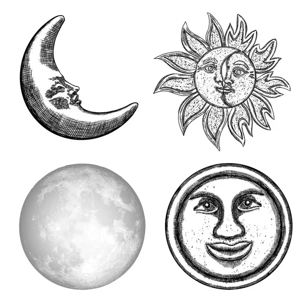 Set di stile realistico luna piena e volto umano come mezzaluna, s — Vettoriale Stock
