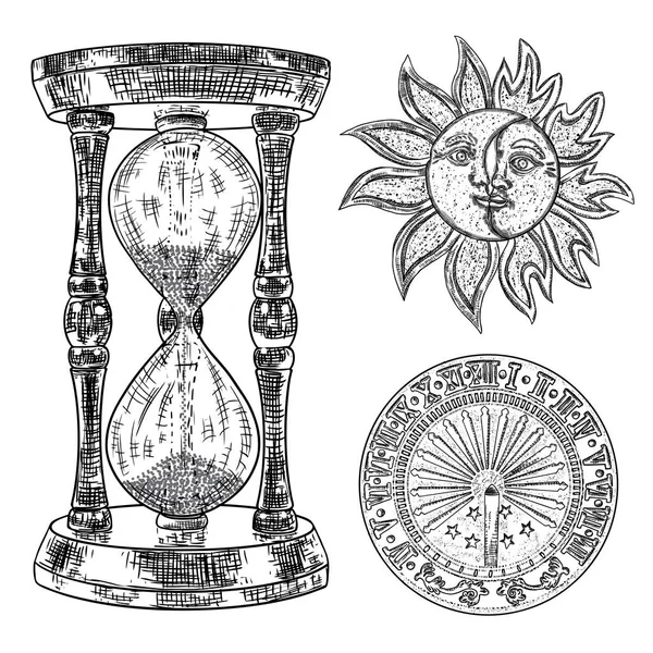 Conjunto de relógio de sol, relógio de sol, ampulheta ou relógio de areia e lua cres —  Vetores de Stock