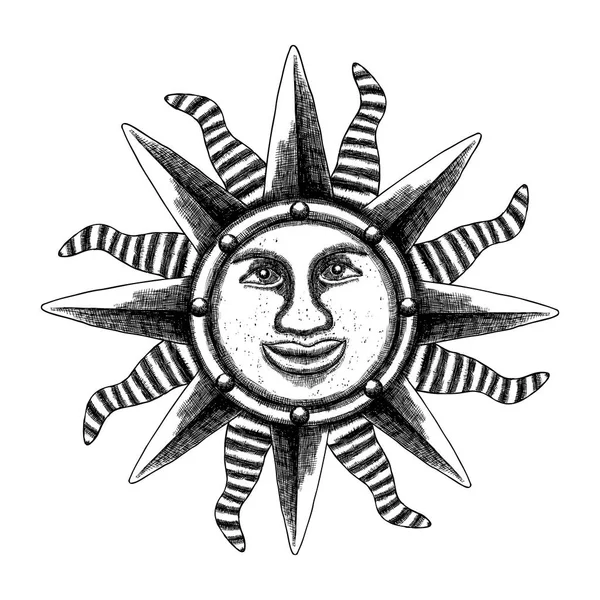 Hand drawn antique style sun with face of the human like. Anthro — Stock Vector