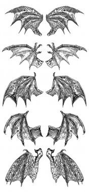 Set el çizilmiş Vintage kazınmış gravür düşmüş melek veya vampir