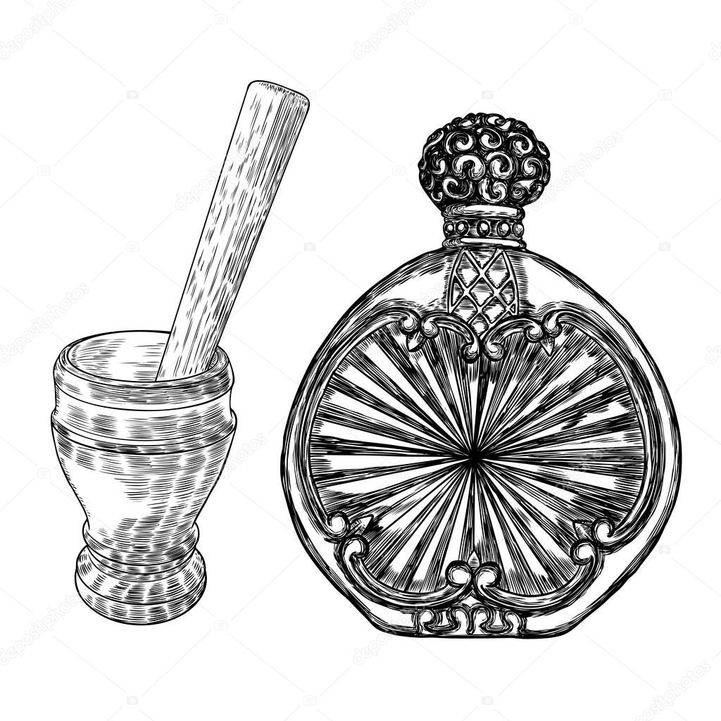 Set of mortar and pestle, witch bottles with magic liquid or poison and love potion, line and dot stipple, hand drawn. Flash tattoo design. Spiritual occultism chemistry, magic tattoo sketch. Vector.