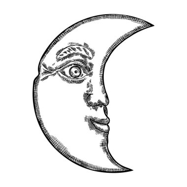 Yüz veya antropomo gibi hilal ay insan el çizilmiş kroki