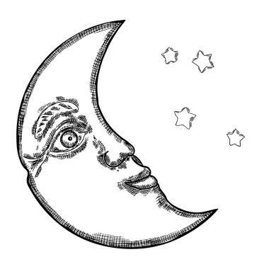 Yüz veya antropomo gibi hilal ay insan el çizilmiş kroki