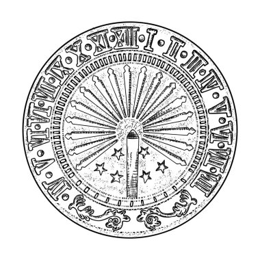 Sundial veya güneş saati çizimi. El çizilmiş ve izole. Vektör 