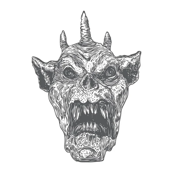 Голова дьявола с большими демоническими рогами или рогами и острыми клыками. Сата — стоковый вектор