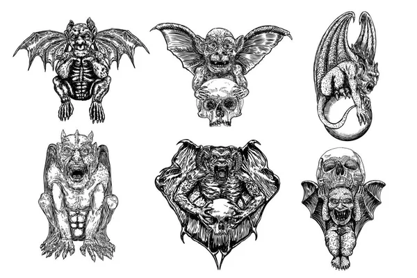 Conjunto de criaturas mitológicas gárgulas antigas, humanos e dragões — Vetor de Stock
