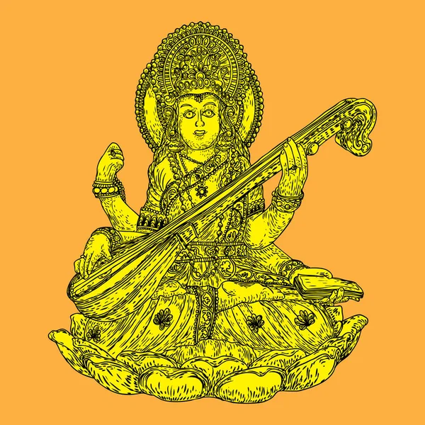Goddess of learning, music, art and wisdom. Saraswati playing a — Stock Vector