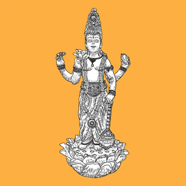 Господь Вишну, стоя на лотосе, благословляя руку, нарисованную иллюстрацией — стоковый вектор