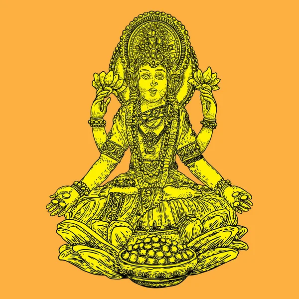 Lakshmi es una diosa hindú y vaishnava de la riqueza y la prosperidad — Vector de stock