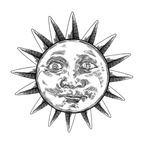 Sunrise engraving illustration. Vintage engraved sun with face o — Stock Vector