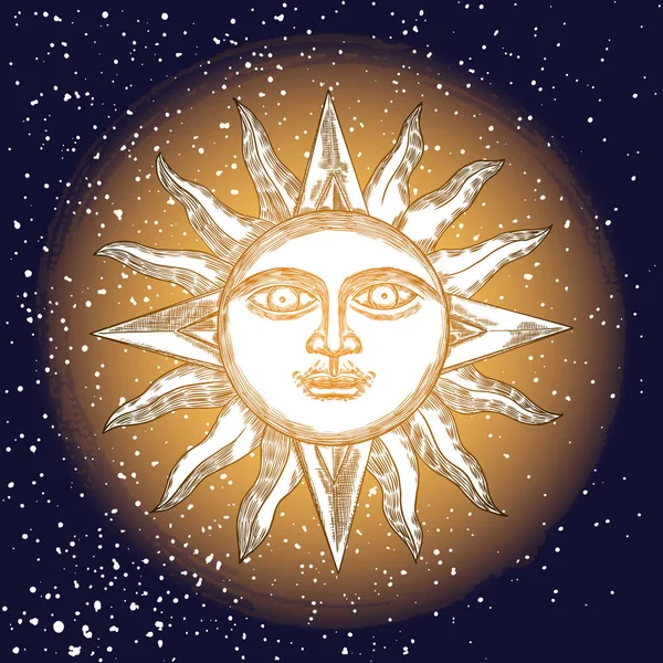 Sunrise engraving illustration. Vintage engraved sun with face o — Stock Vector