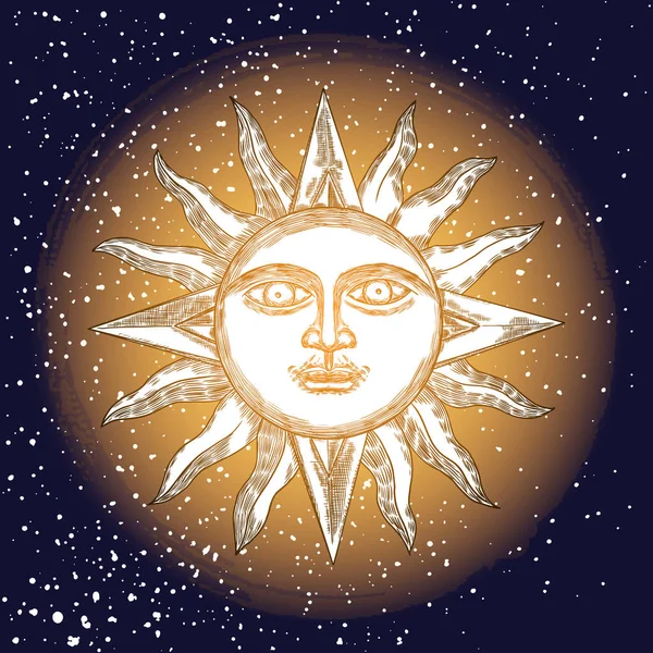 Ilustração gravura do nascer do sol. Vintage gravado sol com rosto o — Vetor de Stock