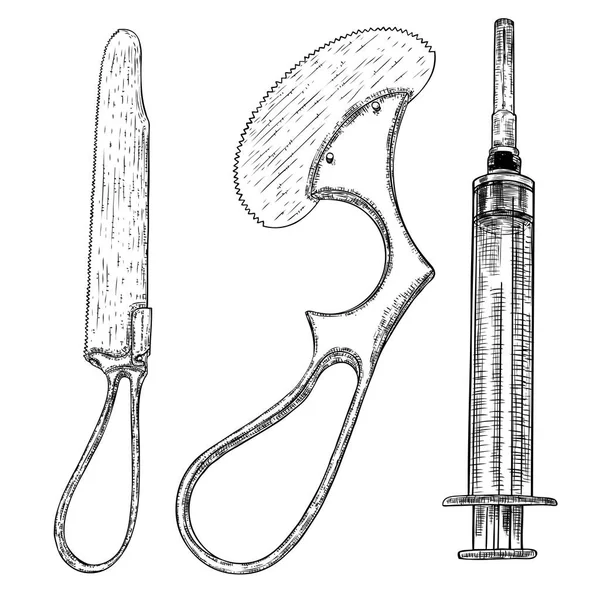 Conjunto de equipamentos médicos desenhados à mão. Instrumentos cirúrgicos, ferramenta — Vetor de Stock