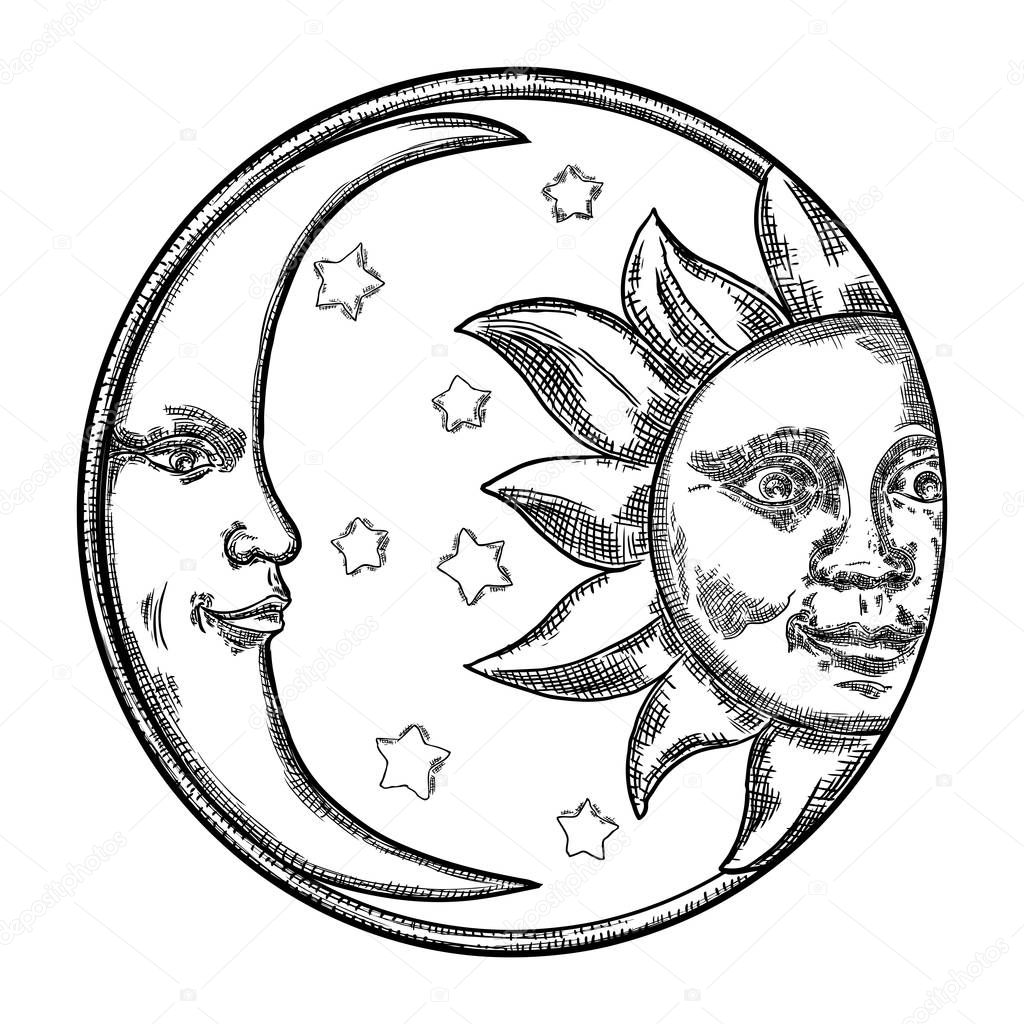 Hand drawn art sun and crescent moon. Flash tattoo design. Antiq