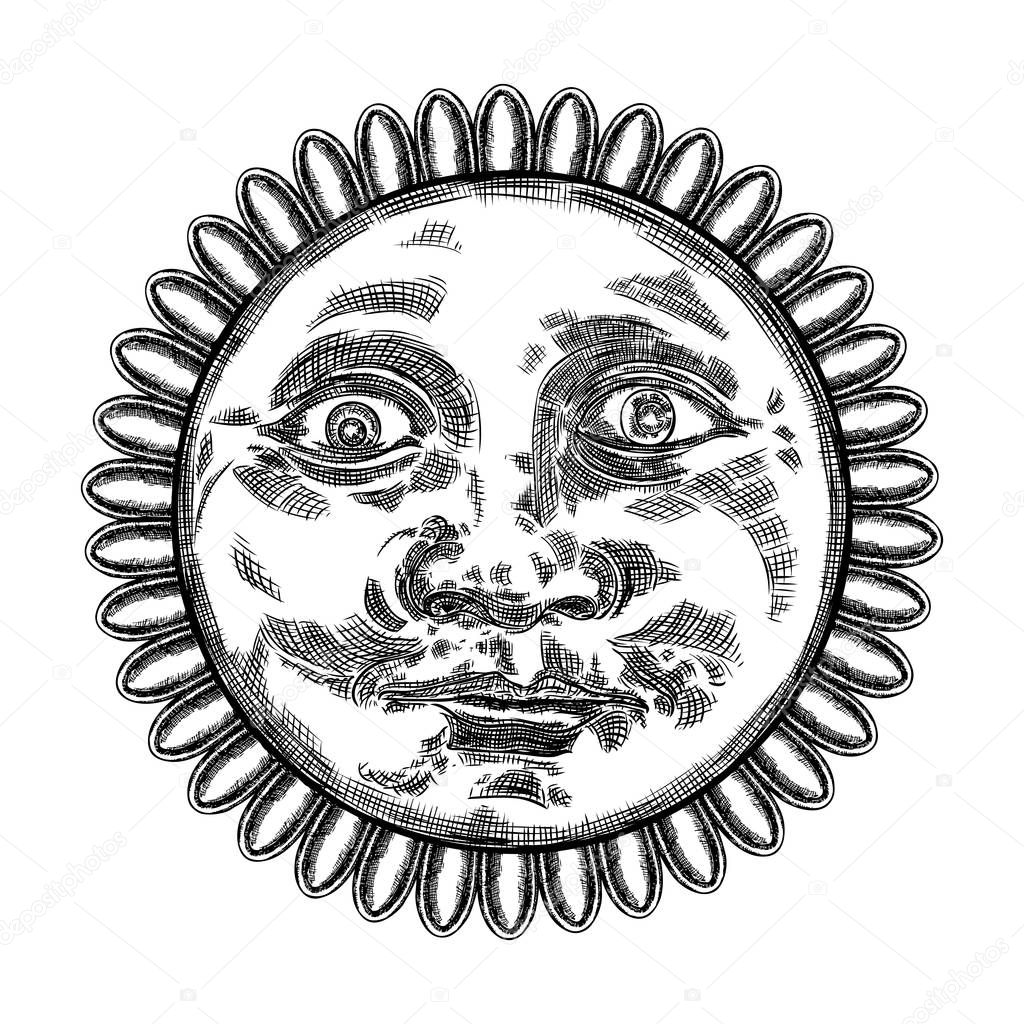 Hand drawn antique style sun with face of the human like. Anthro