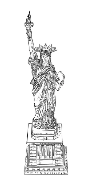 US Statue of Liberty drawing (en inglés). Estados Unidos Nueva York famoso turista l — Archivo Imágenes Vectoriales