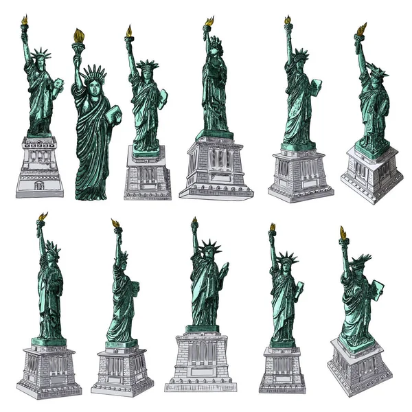 US Statue of Liberty uppsättning ritningar i färg. USA New York City FA — Stock vektor