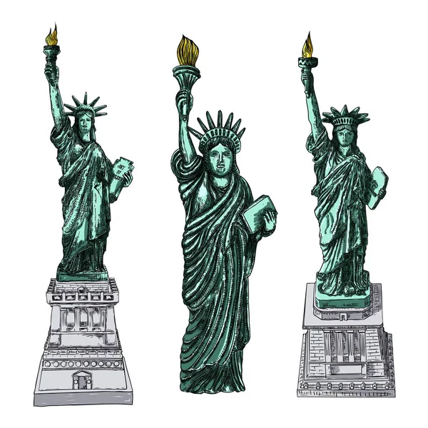 US Statue of Liberty устанавливает цветные рисунки. США Нью-Йорк — стоковый вектор