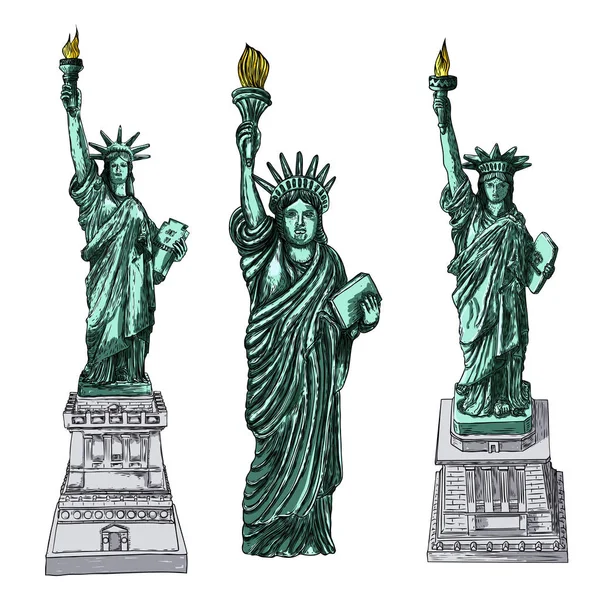 Americká Socha svobody nastavil kresbu. USA New York-slavný toUri — Stockový vektor