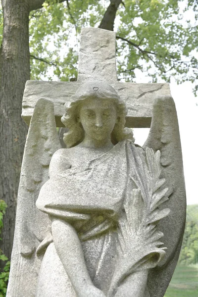 Trauriger Engel auf dem Friedhof gegen Bäume und Blätter — Stockfoto