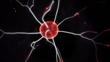 Siyah arka plan üzerinde içinde hareket eden enerji ışınları ile plazma topu görünümü. Renklerde soyut şimşek. Gazda elektrik.