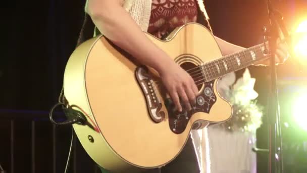 Guitarrista Masculino Palco Concerto Tocando Baixo Elétrico Fechar Instrumento Música — Vídeo de Stock