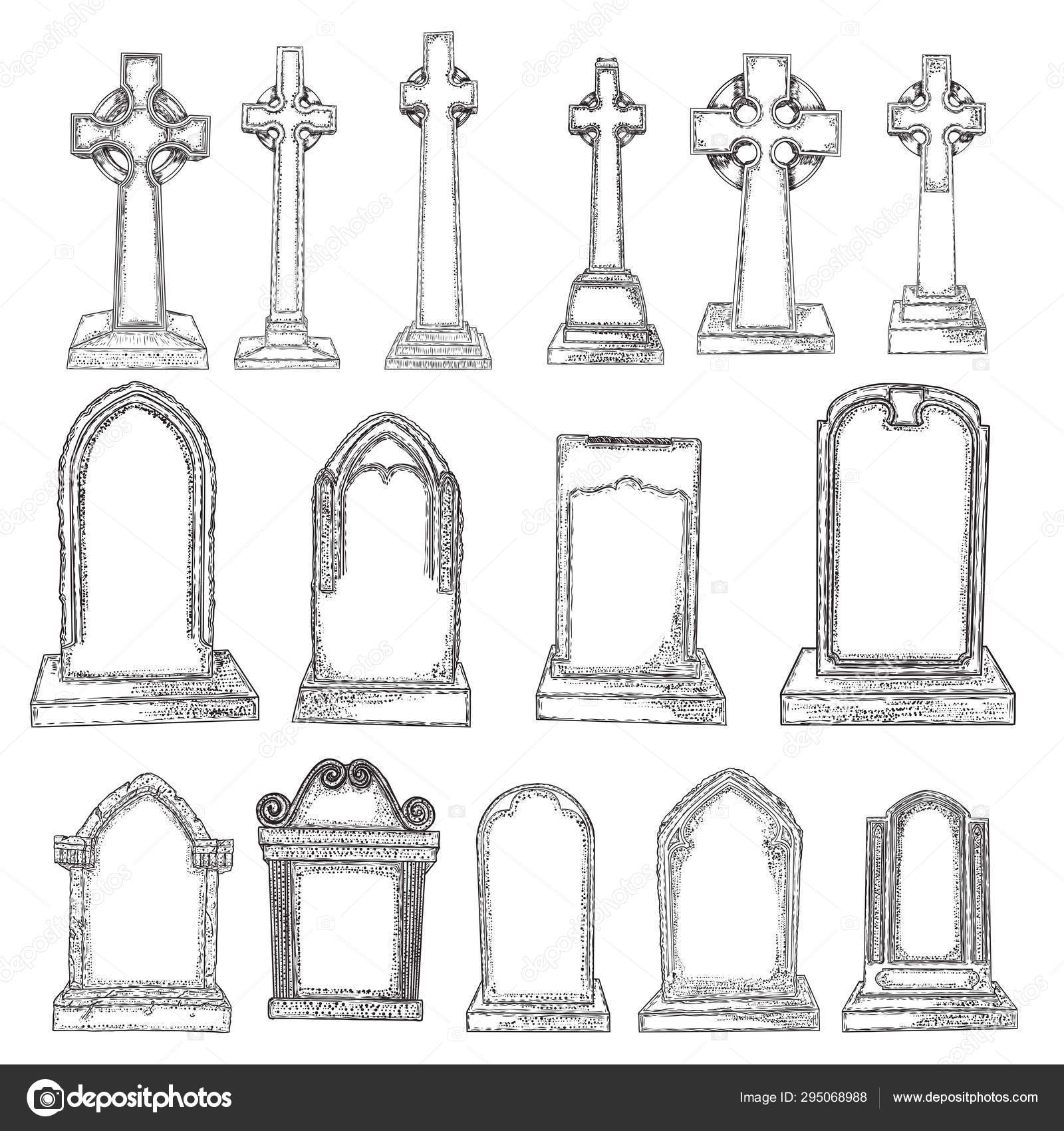 Gravestones set drawing. Old tomb rip grave on white background