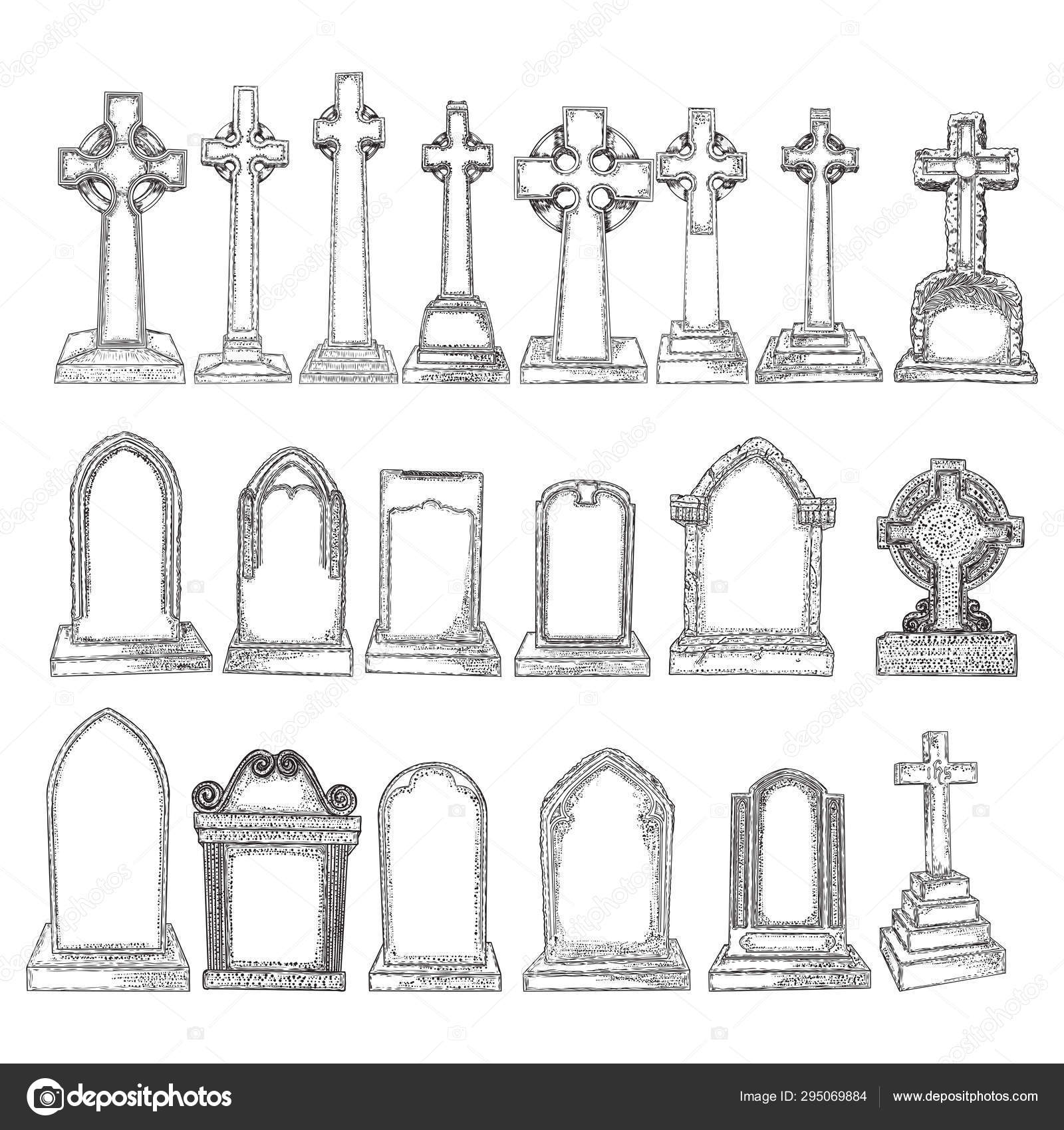 Set of marble stones Christ cross drawings and tombstones. Symbo