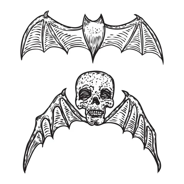 Conjunto de vampiros morcegos e crânio alado. Asas abertas voando gótico mo —  Vetores de Stock