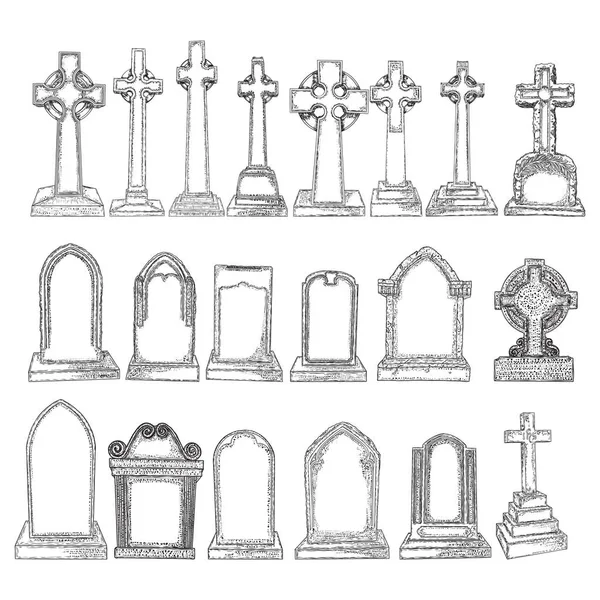 Set van marmeren stenen Christus Kruis tekeningen en grafstenen. Symbo — Stockvector