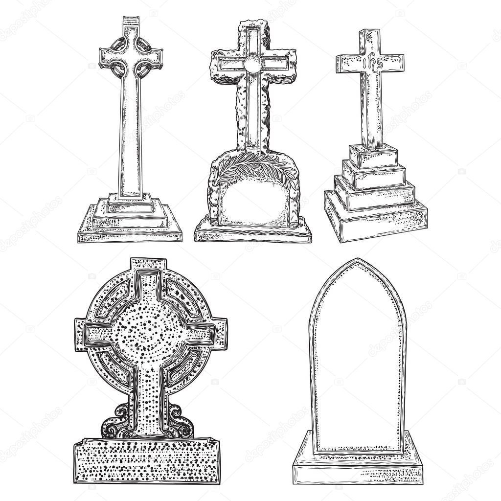 Gravestones set drawing. Old tomb rip grave on white background.