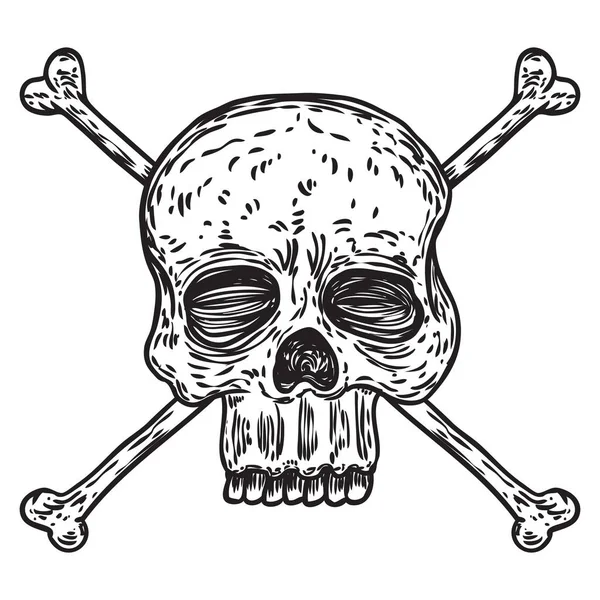 Crânio e ossos cruzados, pedra, satanás ou símbolo pirata. Det feito à mão — Vetor de Stock