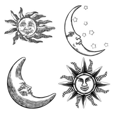 Elle çizilmiş sanat güneş ve insan yüzü ile Hilal ay kümesi. FLA